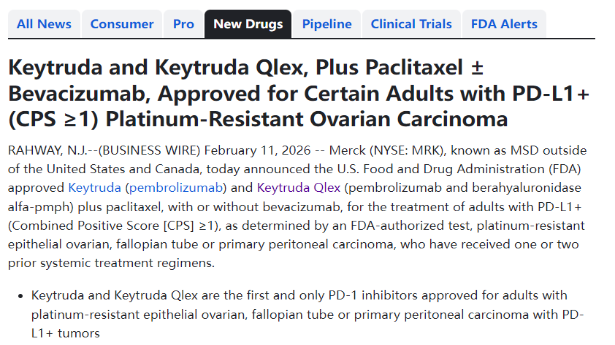 Keytruda and Keytruda Qlex, Plus Paclitaxel ± Bevacizumab, Approved for Certain Adults with PD-L1+ (CPS ≥1) Platinum-Resistant Ovarian Carcinoma