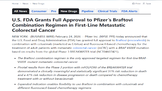 U.S. FDA Grants Full Approval to Pfizer’s Braftovi Combination Regimen in First-Line Metastatic Colorectal Cancer
