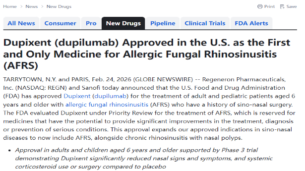 Dupixent (dupilumab) Approved in the U.S. as the First and Only Medicine for Allergic Fungal Rhinosinusitis (AFRS)
