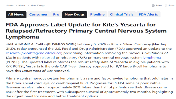 FDA Approves Label Update for Kite’s Yescarta for Relapsed/Refractory Primary Central Nervous System Lymphoma